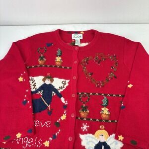 The Quacker Factory Red Embroidered Angel Christmas Cardigan Sweater‎ Womens L